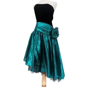 Zum Zum VTG 80s Strapless Prom Dress Teal Black Velvet Metallic Bow Glam Pop